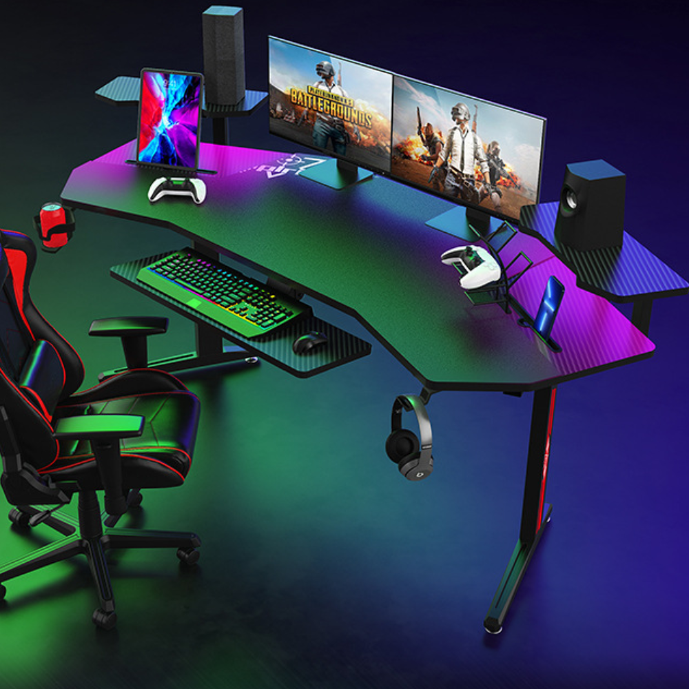 Gaming-Ultra Wide Large Gaming Desk with RBG LED Lights Carbon Fiber Surface with Cup Holder & Headphone Hook