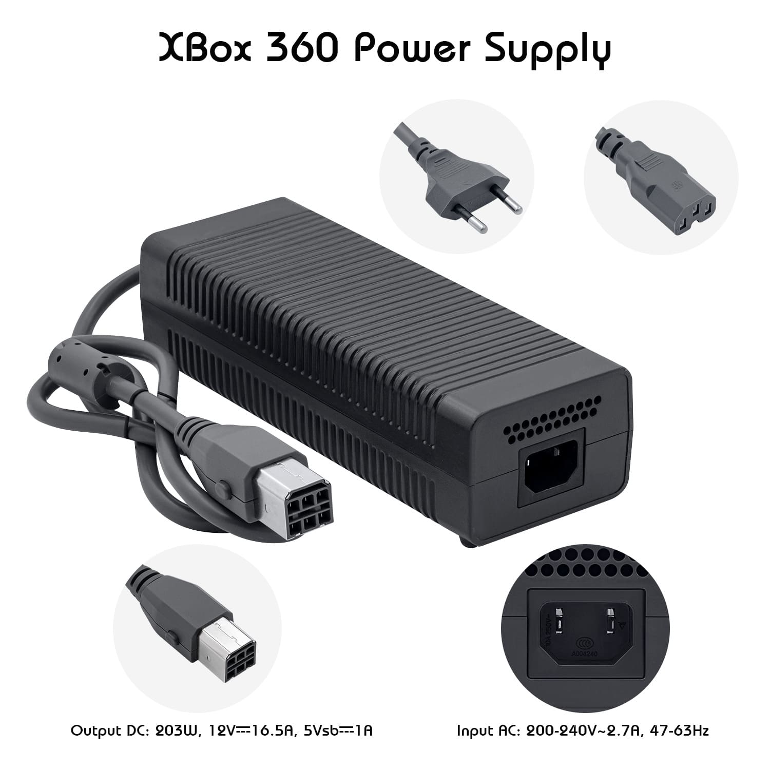 Gaming-Original 220V Power Supply with Socket Cable for XBox 360 EU Plug