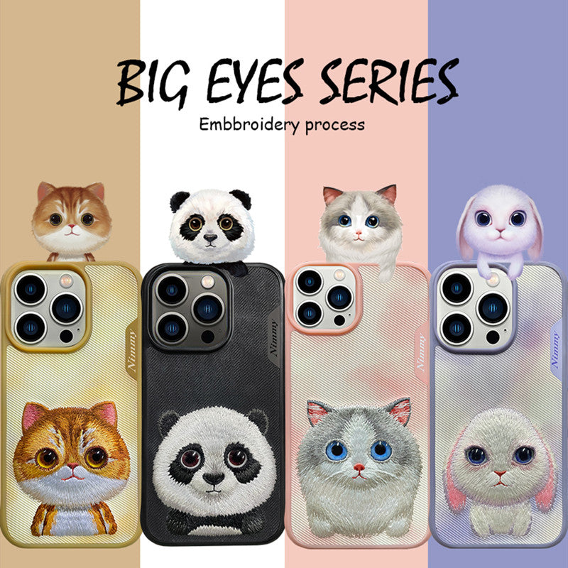 iPhone Back Rear Glass-Nimmy Pet Animal Big Eye Series iPhone 13/14/15/Pro/Max Embroidery 3D Cute Cool Case