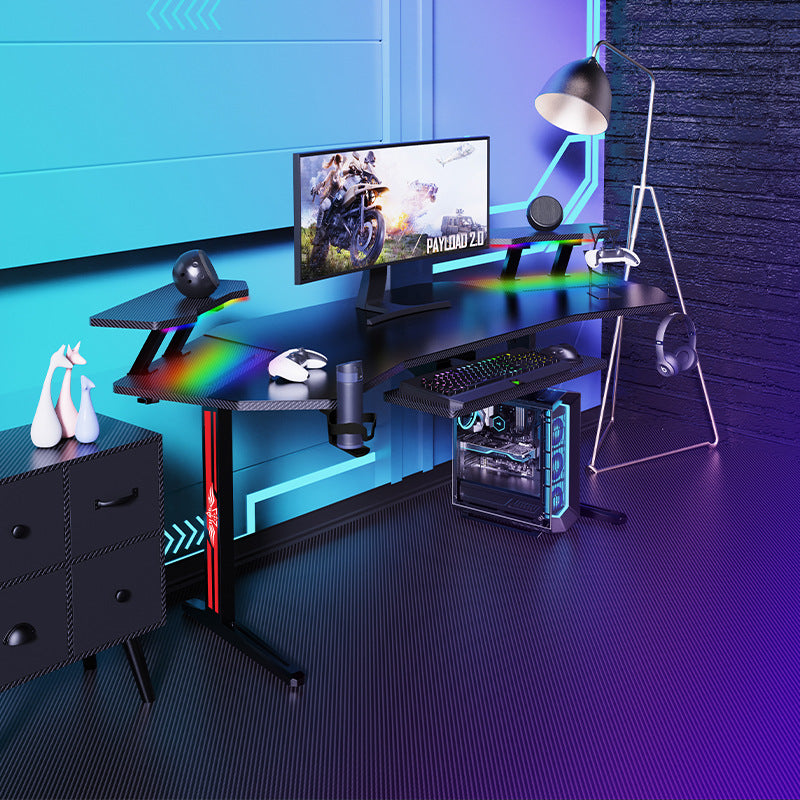 Gaming-Ultra Wide Large Gaming Desk with RBG LED Lights Carbon Fiber Surface with Cup Holder & Headphone Hook