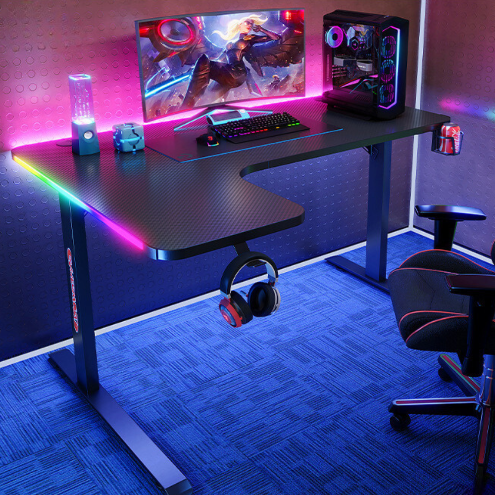 Gaming-Large Left Corner Gaming Desk with RBG LED Lights Carbon Fiber Surface with Cup Holder & Headphone Hook