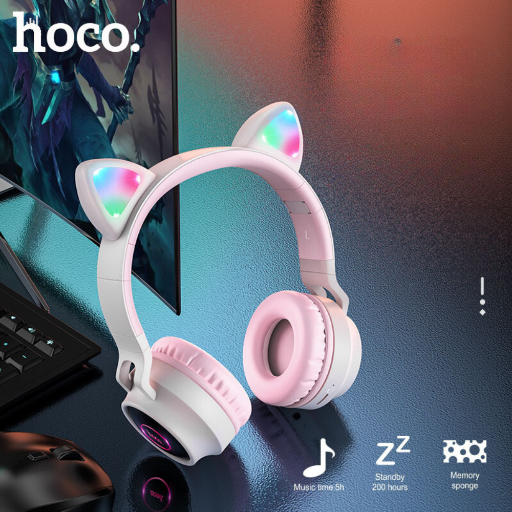 Gaming-[W27] HOCO Wireless RBG Light Effect Cat Ear Cute Style Girl Gaming Earphone Earpod Headphone