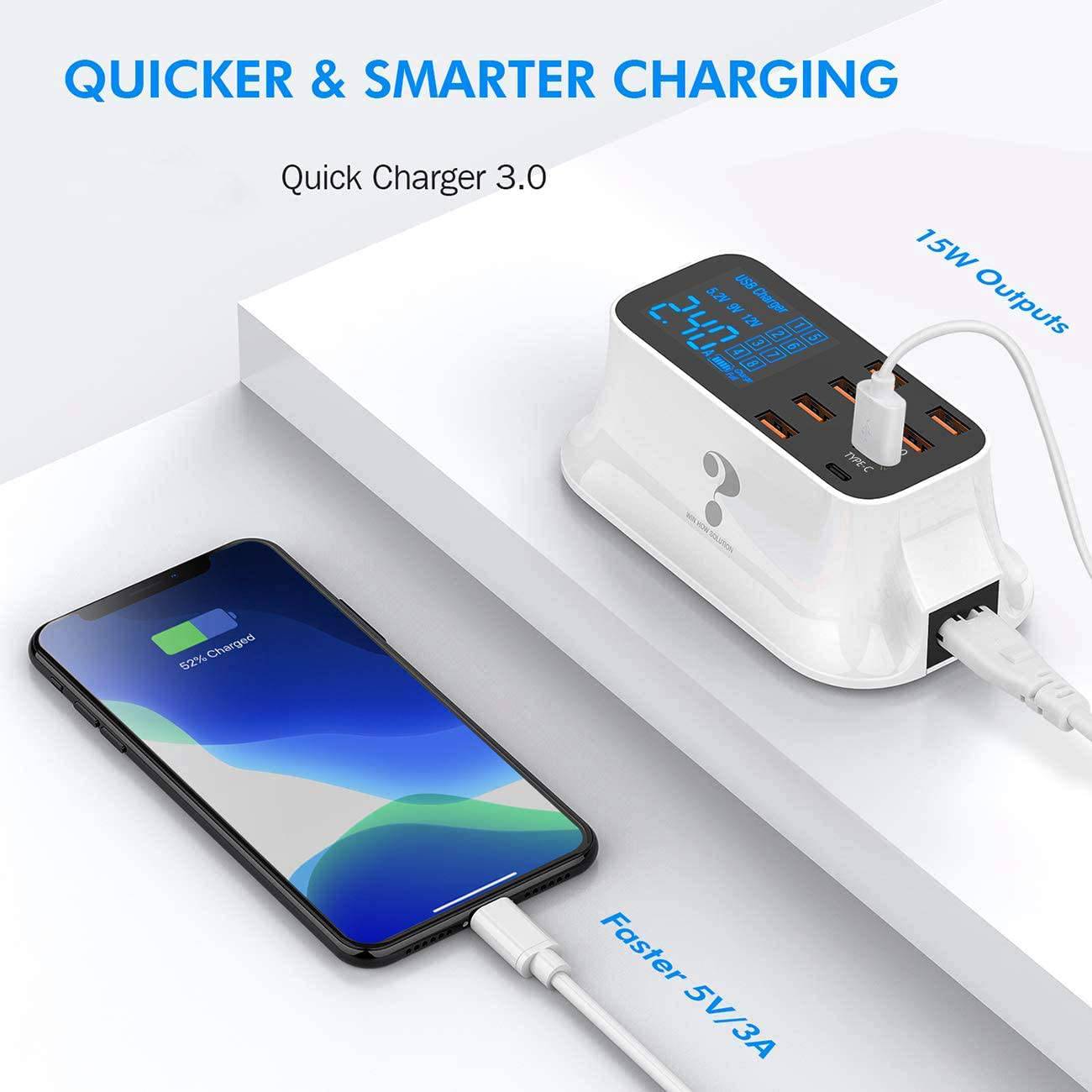 Tool & Machine-CD-A19QAU Plug 40W 8 Ports USB QC3.0 PD Quick Charger Adapter Station With Current/Voltage Meter