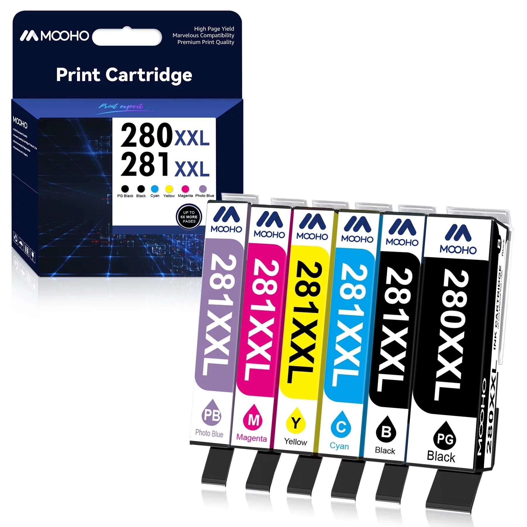 Mooho Ink Cartridges Replacment for Canon (PGBK, Black, Photo blue, Cyan, Magenta, Yellow) 6 Pack