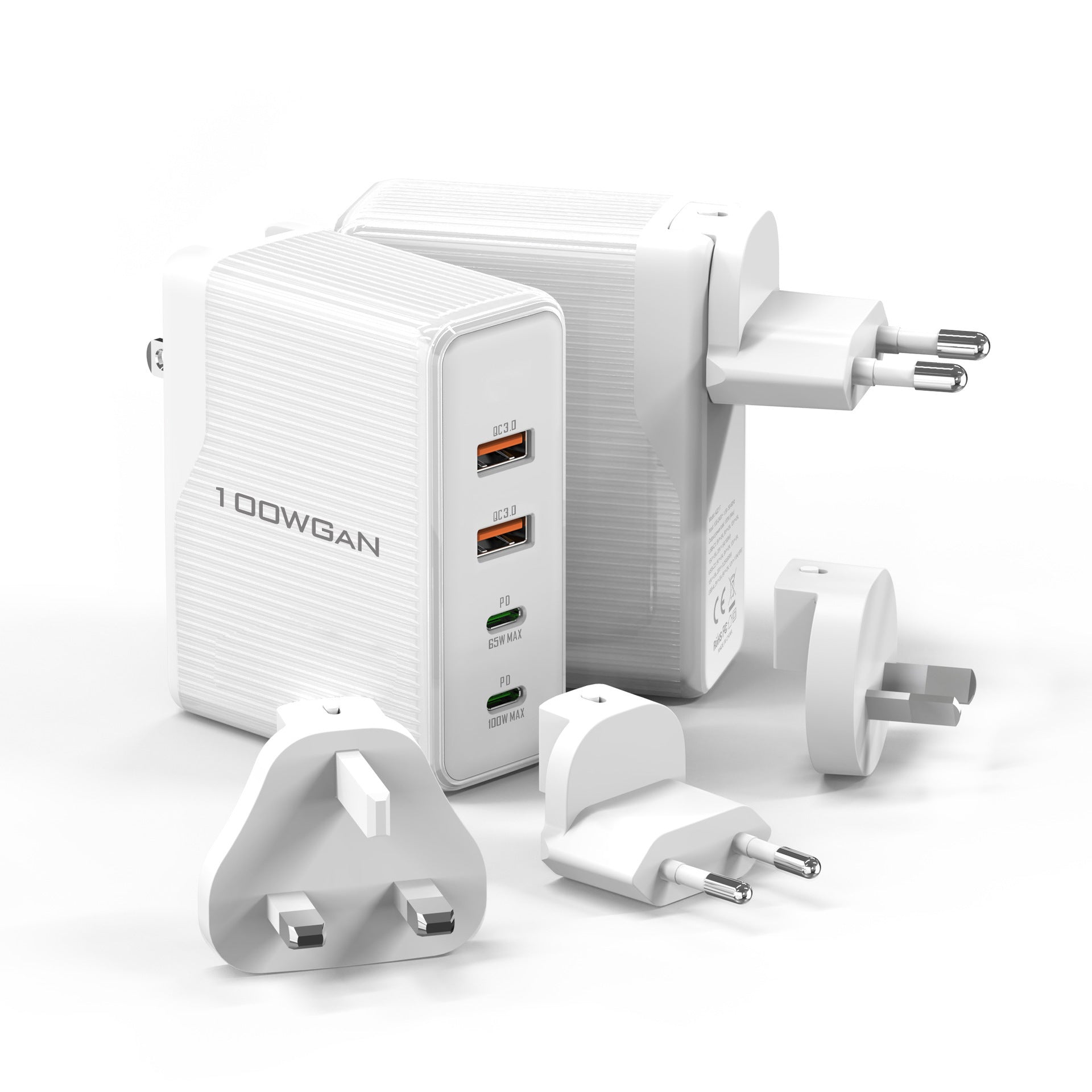 Wall Chargers & Power Adapters-100W GaN Fast 4 Ports PD Type-C USB-C + USB 3.0 Wall Charger Travel Power Adapter - (International Plug)