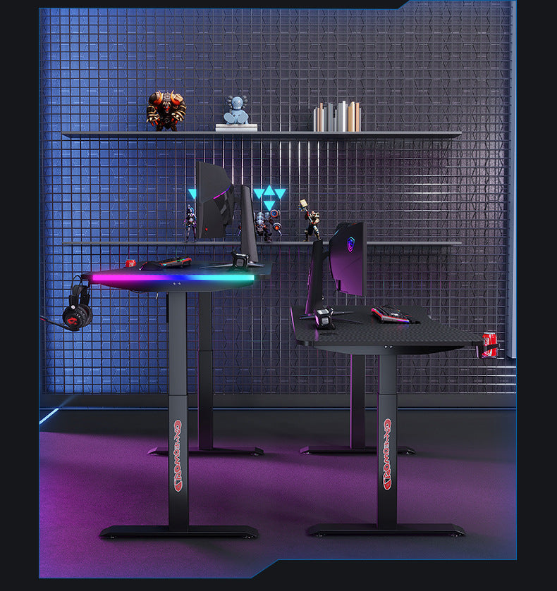 Gaming-[Motorized Adjustable] Large Gaming Desk Table with RBG LED Lights Carbon Fiber Surface with Cup Holder & Headphone Hook