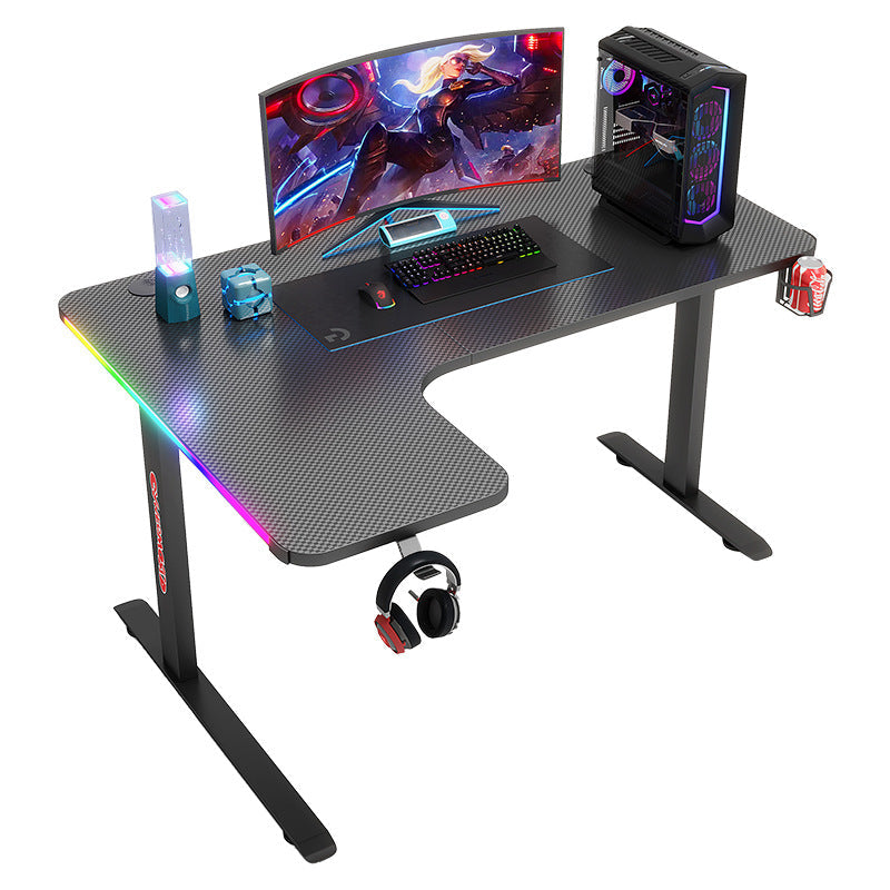 Gaming-Large Left Corner Gaming Desk with RBG LED Lights Carbon Fiber Surface with Cup Holder & Headphone Hook