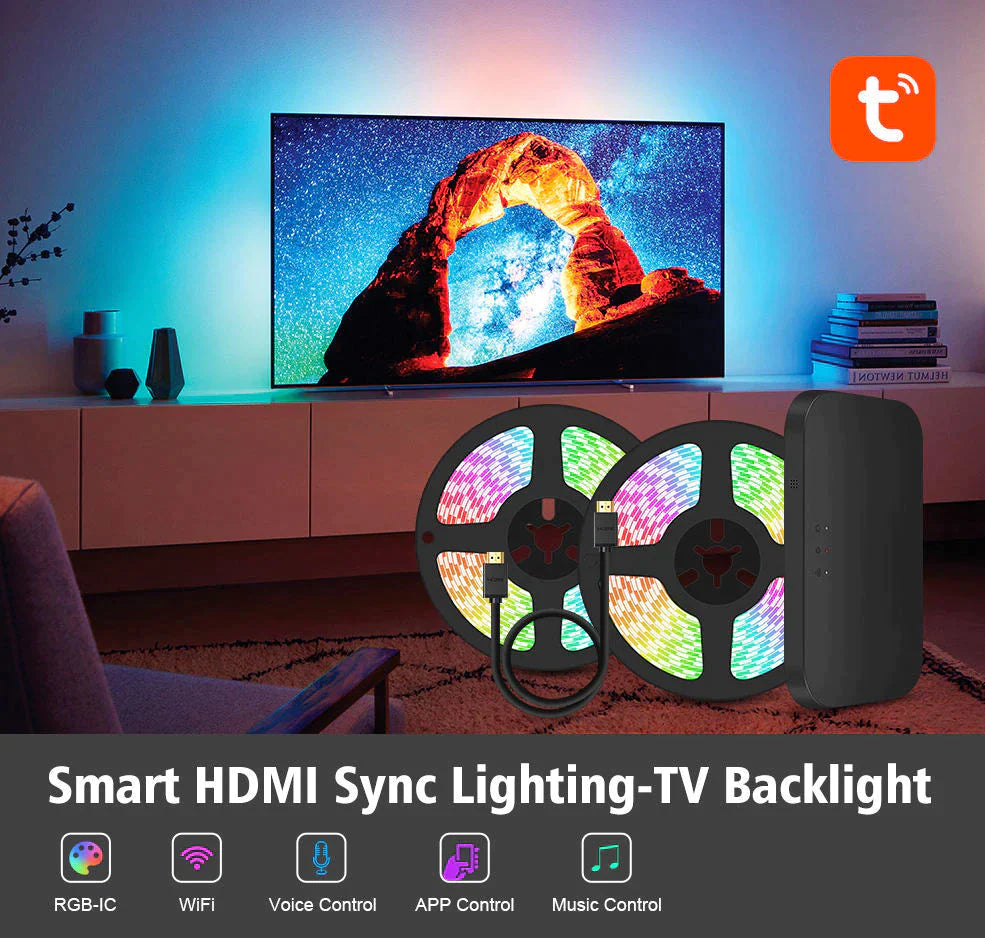 Gaming-[TUYA Smart Home] Ambient TV PC Backlight RGB LED Strip Light Music/Game/Movie Synchronization Support 4K/HDR/TV BOX/Alexa/Google Smart Sync LED Light Set