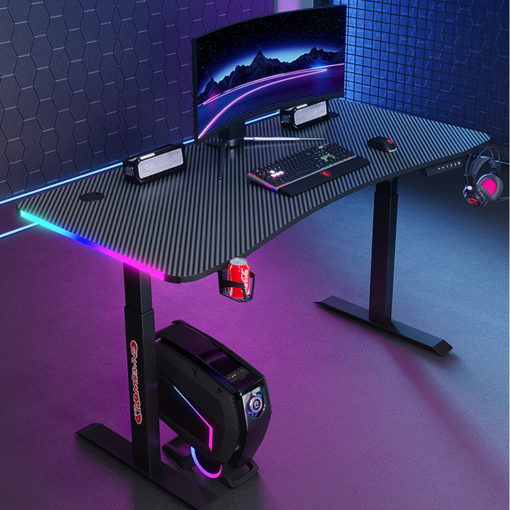 Gaming-[Motorized Adjustable] Large Gaming Desk Table with RBG LED Lights Carbon Fiber Surface with Cup Holder & Headphone Hook