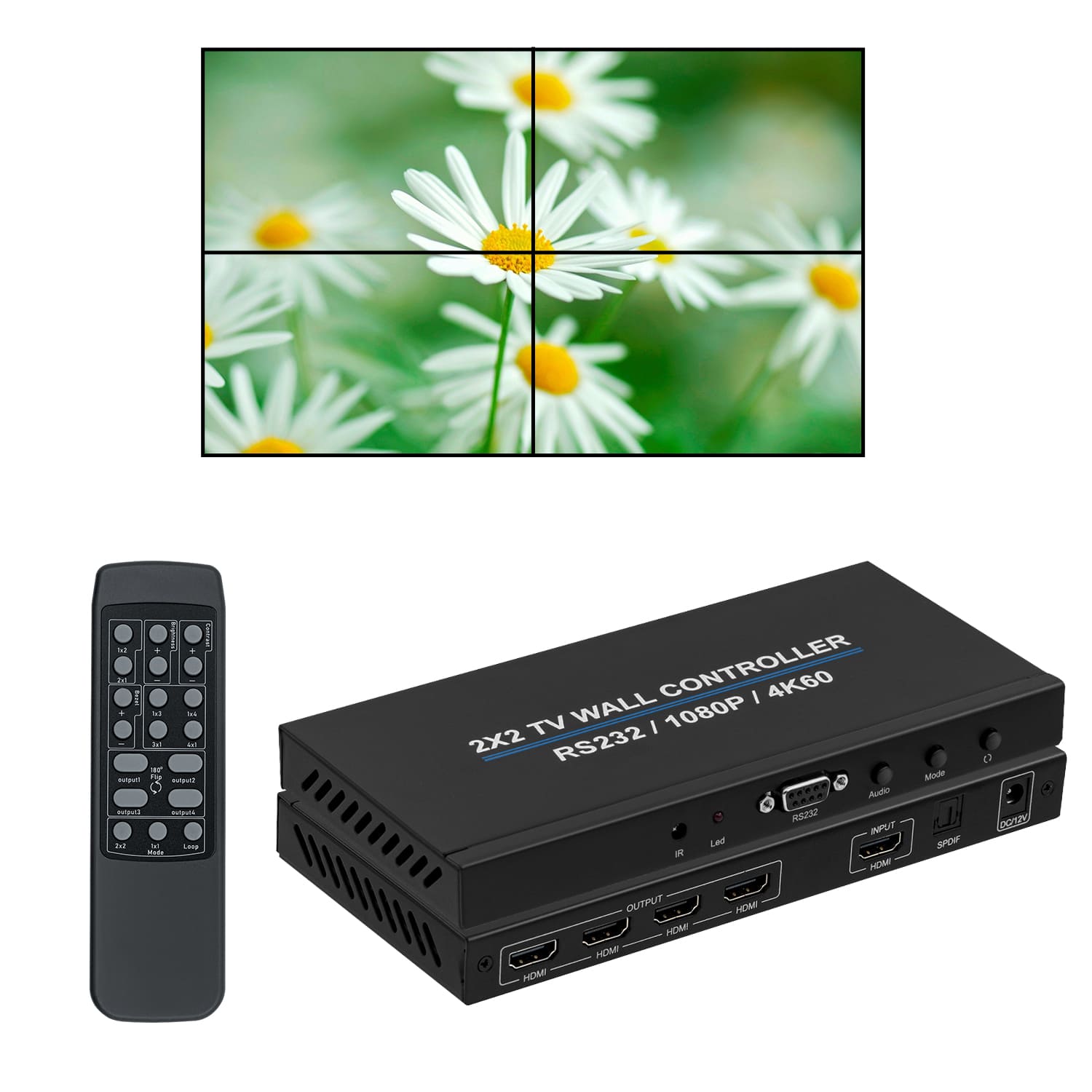 1-to-4 TV Video Wall Controller 4K@60HZ HDMI 2x2 Processor With RS232