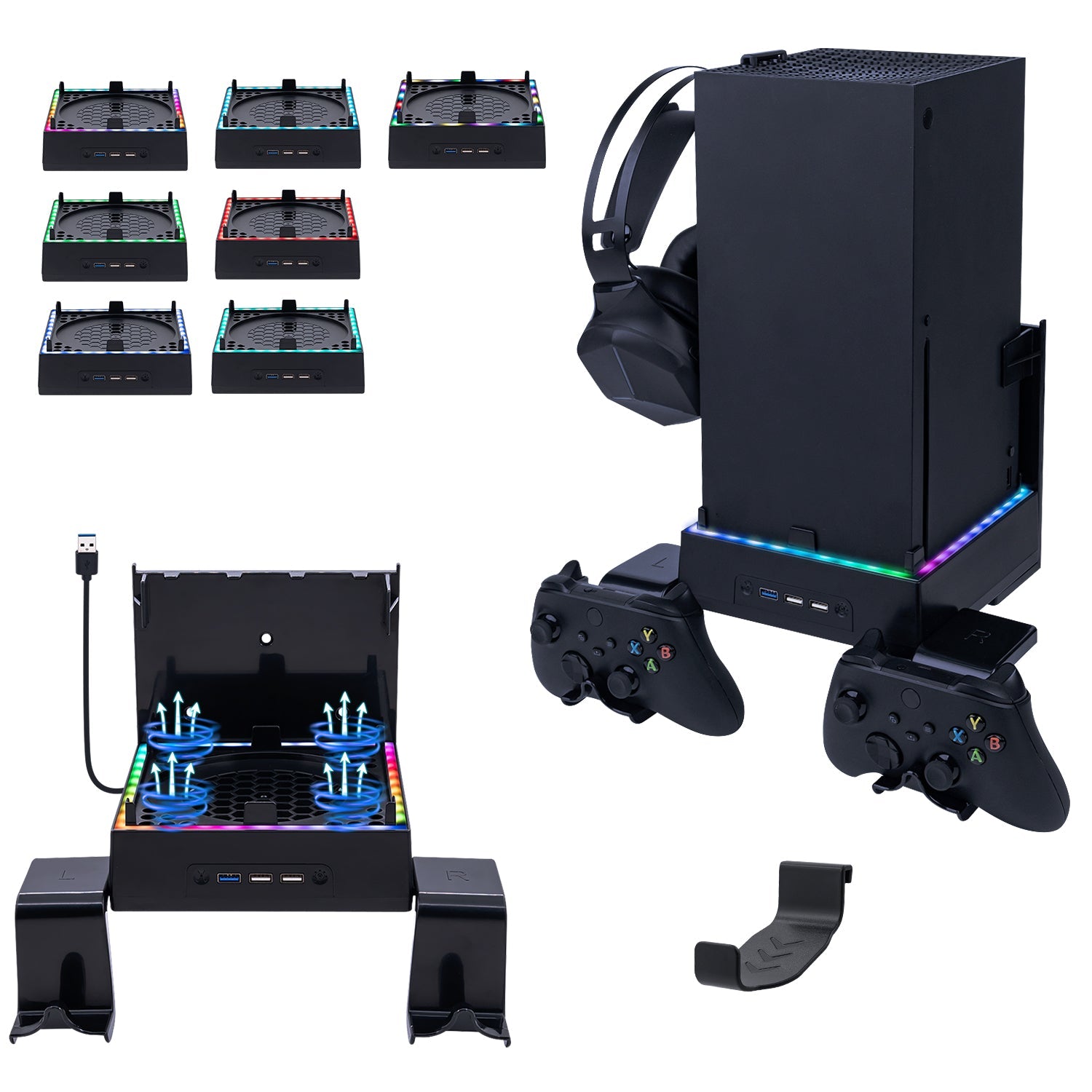 Gaming-Wall-mounted Color Changing Cooling Stand with 3 Hooks for Xbox Series X-Black(SY-XSX-898)