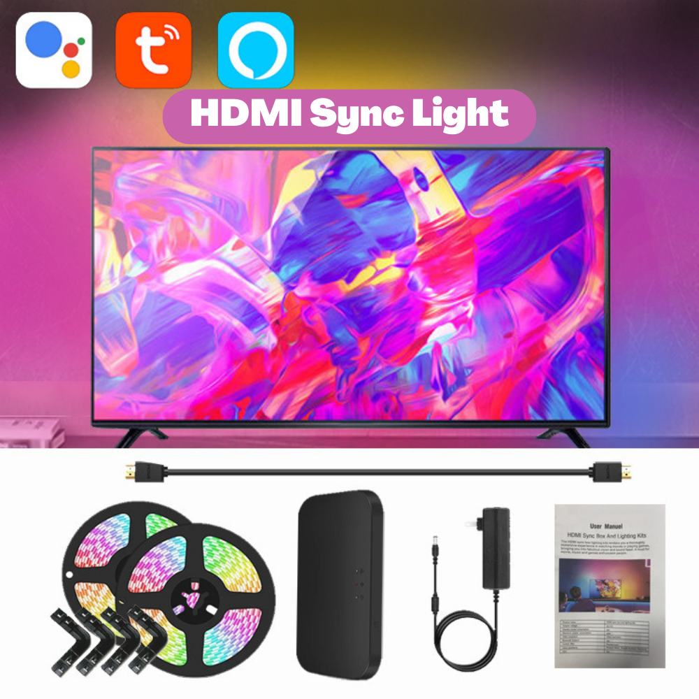 Gaming-[TUYA Smart Home] Ambient TV PC Backlight RGB LED Strip Light Music/Game/Movie Synchronization Support 4K/HDR/TV BOX/Alexa/Google Smart Sync LED Light Set