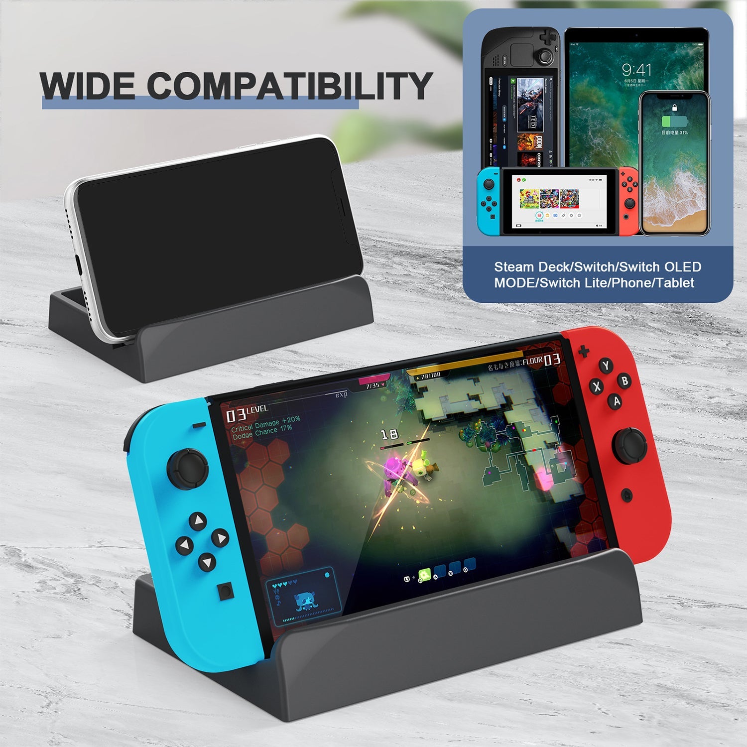 Gaming-Adjustable 3-Level Angles Stand for Steam Deck/Nintendo Switch/Switch Oled/Mobile Phone